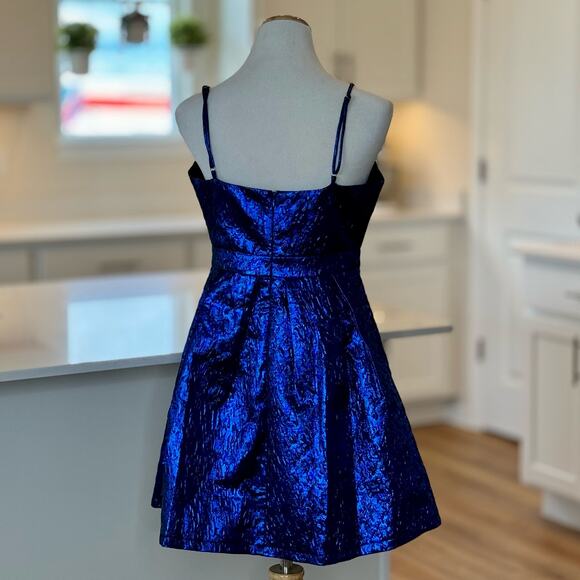 Lulu's | Spin the Night Blue Jacquard Sleeveless Mini Skater Dress - Picture 4 of 6